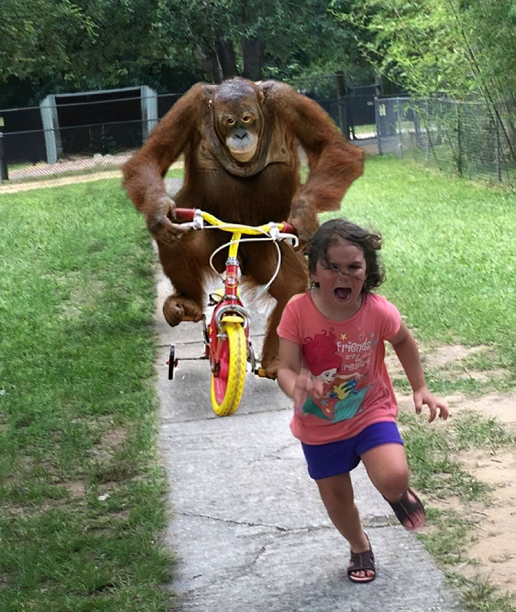 Orangutan chasing girl on bike