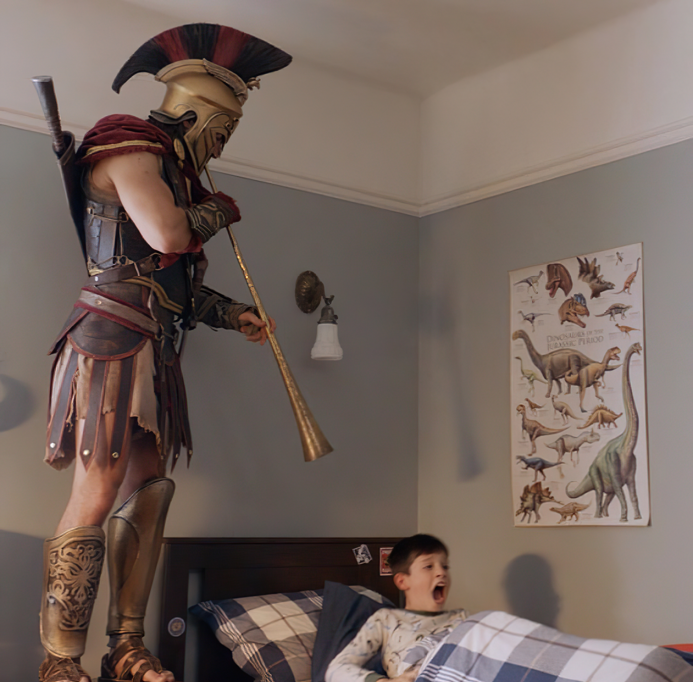 Roman soldier waking kid